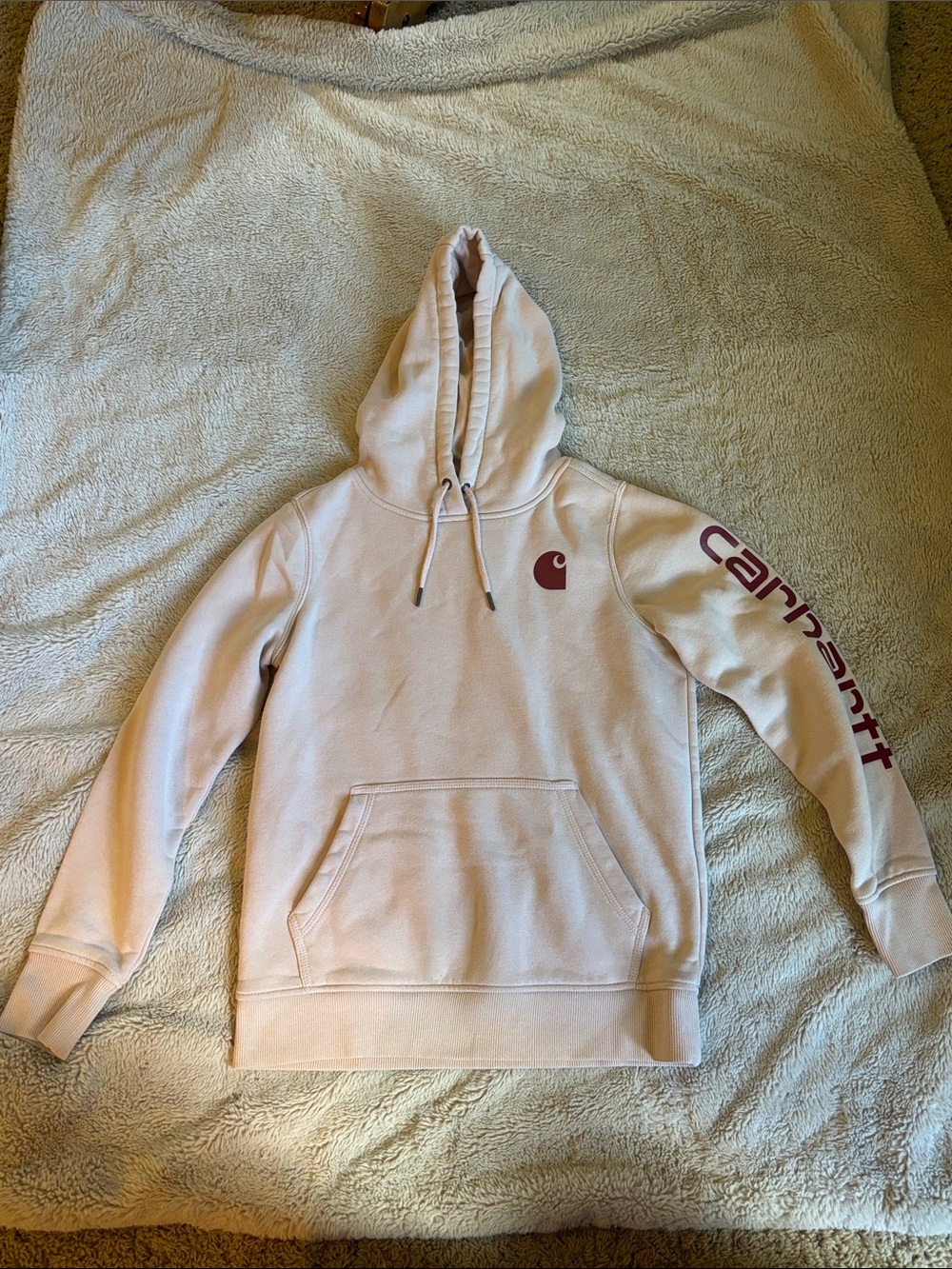Carhartt Women's Pale Pink Pullover Hoodie with Logo Sleeve